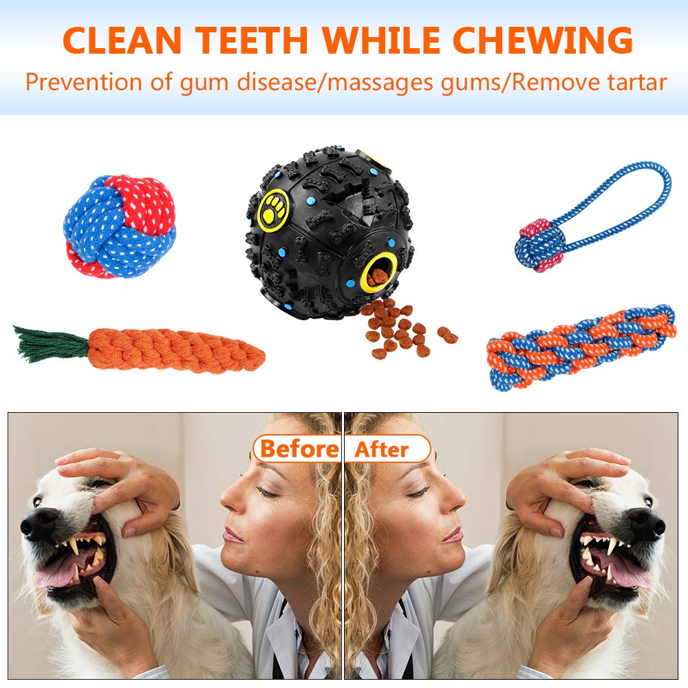 Dog Chew Toys for Puppies, AIRGOOD Durable Rope Toys, Pet Squeaky Food Spill Ball and Training Frisbee Toy Set (10 Pack )