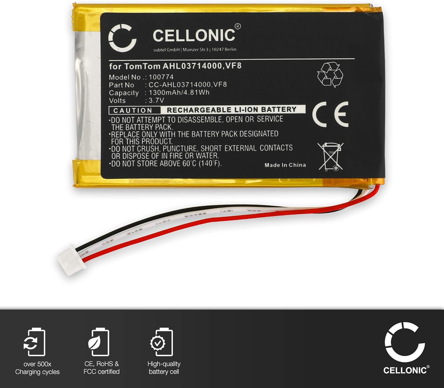 CELLONIC 1x Battery for GPS/Navigation Compatible with TomTom SatNav, GO 730, GO 630, 1697461 - (1300mAh, 3.7V) - Image 3
