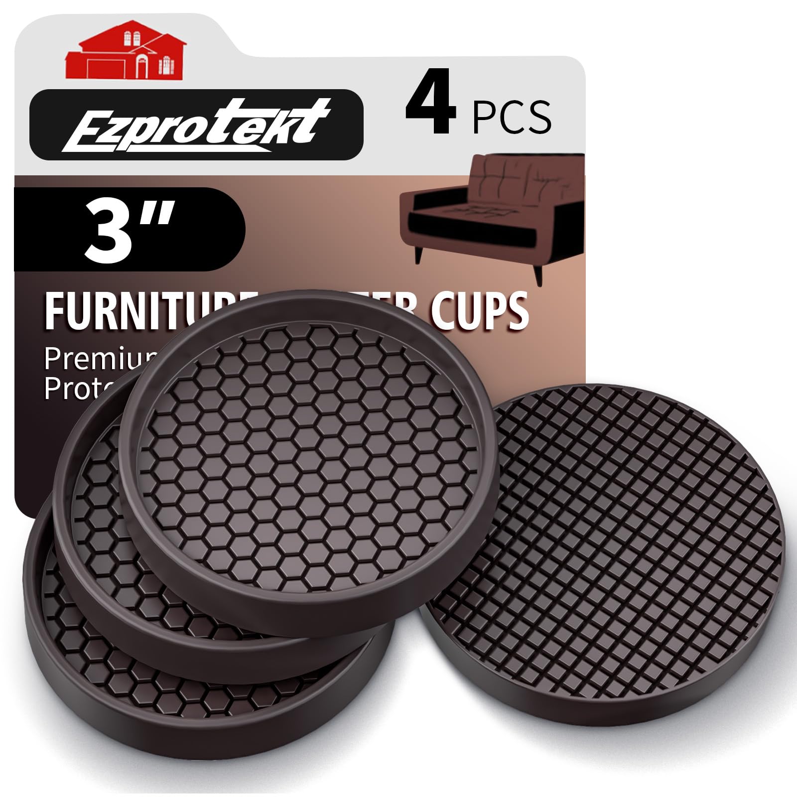 Ezprotekt Furniture Coasters - 3" Non Slip Pads for Hardwood Floors, 4 PCS Square Rubber Non Skid Furniture Caster Cups, Anti Slide Floor Protectors for Bed & Couch