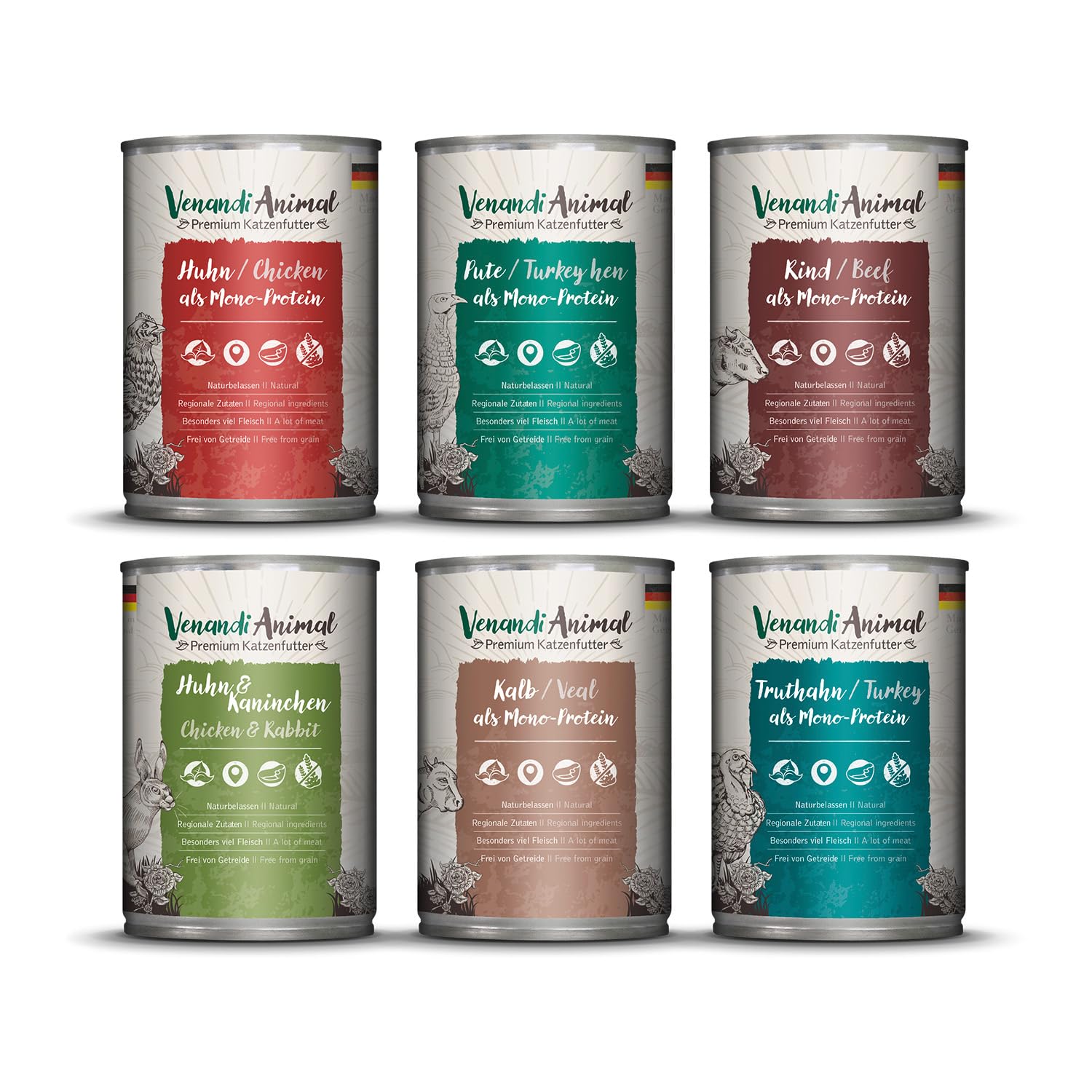 Venandi Animal Premium wet food for cats, trial pack III, chicken, turkey, beef, chicken + rabbit, veal, turkey, 6 x 400 g, grain-free and natural, 2.4 kg