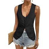 Tankaneo Womens Scoop Neck Blazer Vest Summer Linen Sleeveless Fitted Waistcoat Work Casual Cotton Suit Tops