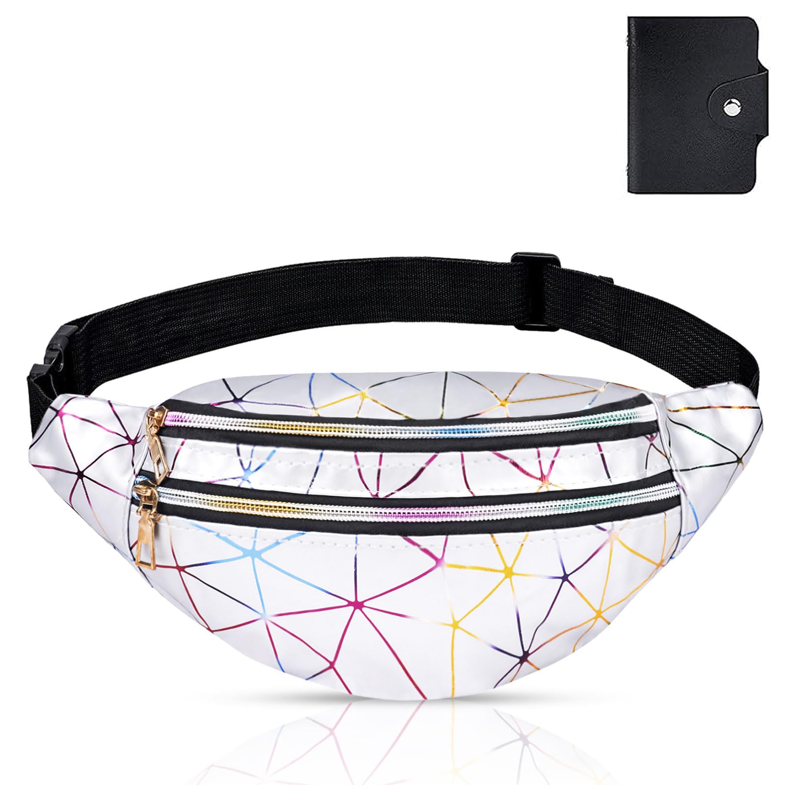 flintronic Waist Bag, Holographic Fanny Pack with PU Leather, Shiny Belt Bag Festival Rave Bumbags for Ladies Travel Party Sports Running Hiking(Silver)(1 Business Card Holder Include)