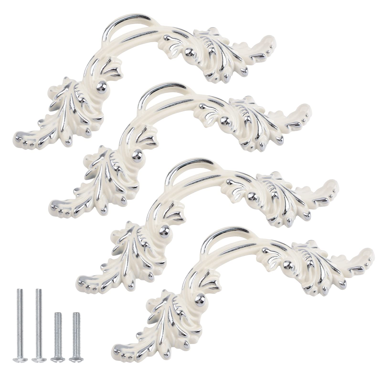 MOROBOR 4pcs European Style Dresser Handles, Cream Ivory White & Silver Edge Vintage Cabinet Handles, 2.5 Inch Mounting Hole Distance, for Elegant Furniture Pulling