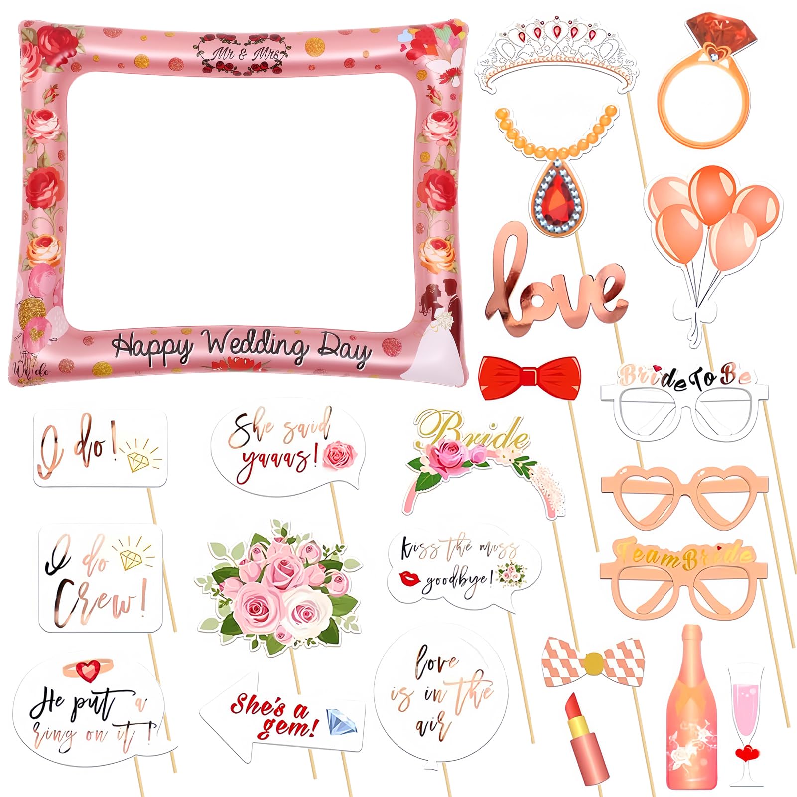 Inflatable Selfie Frame Photo Booth with 23pcs Props - Rose Gold Wedding Picture Frame for Bridal Shower Party Games Accessories