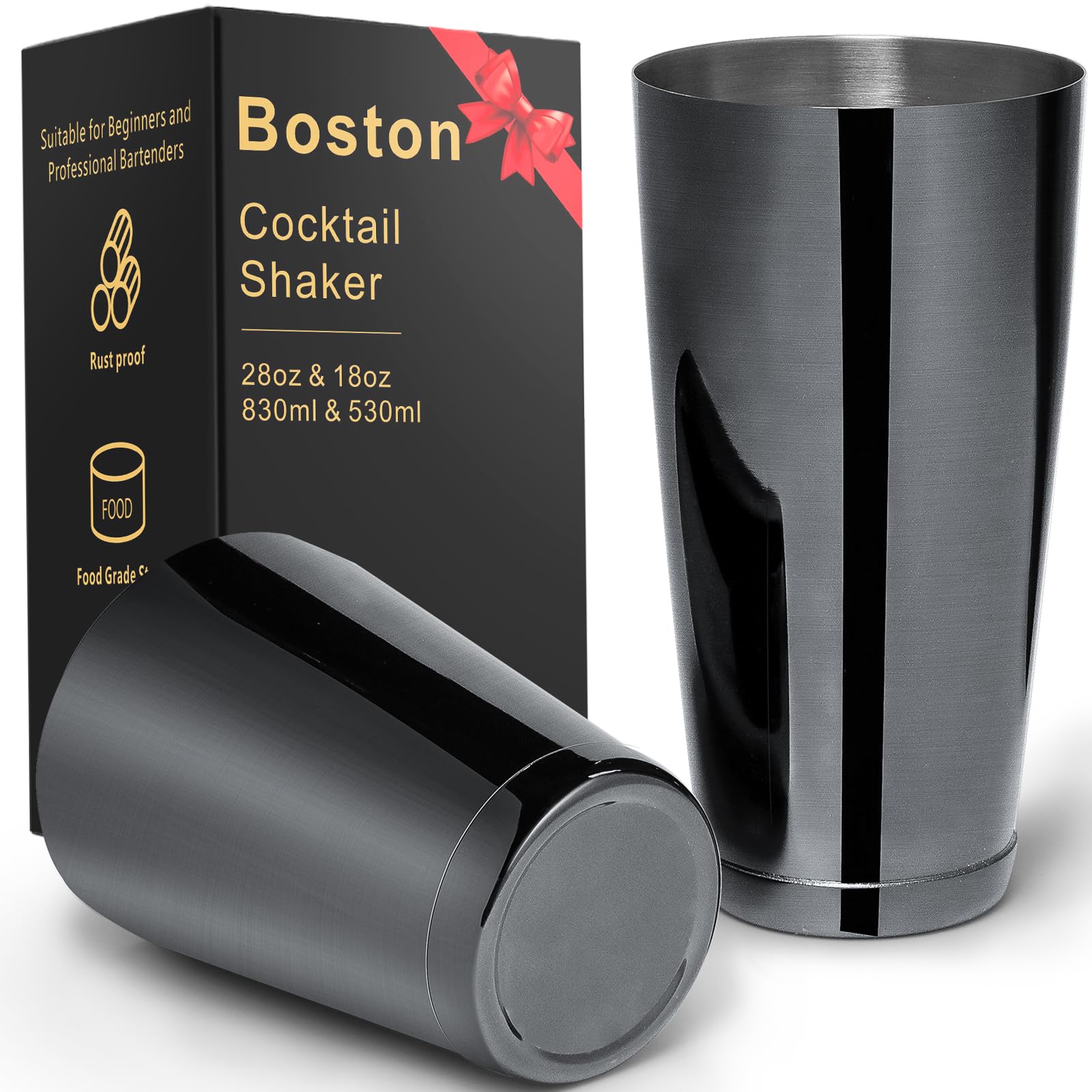 Stainless Steel Cocktail Shaker 2 Piece 18oz Unweighted & 28oz Weighted Professional Bartender Boston Shaker Drink Mixer (Black)