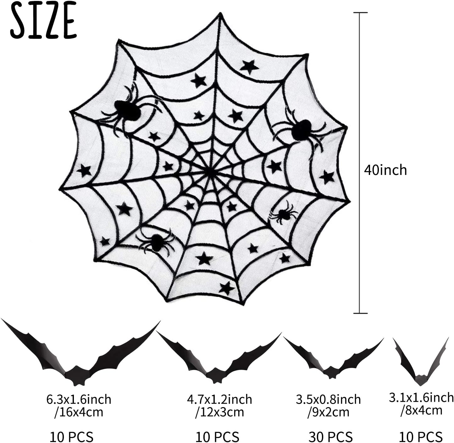 Beeager 5 Pack Halloween Spider Decorations Sets -Halloween Fireplace Mantel Scarf & Round Table Cover & Lace Table Runner & Cobweb Lampshade & 60 pcs Scary 3D Bat for Halloween Party Decors: Furniture & Decor