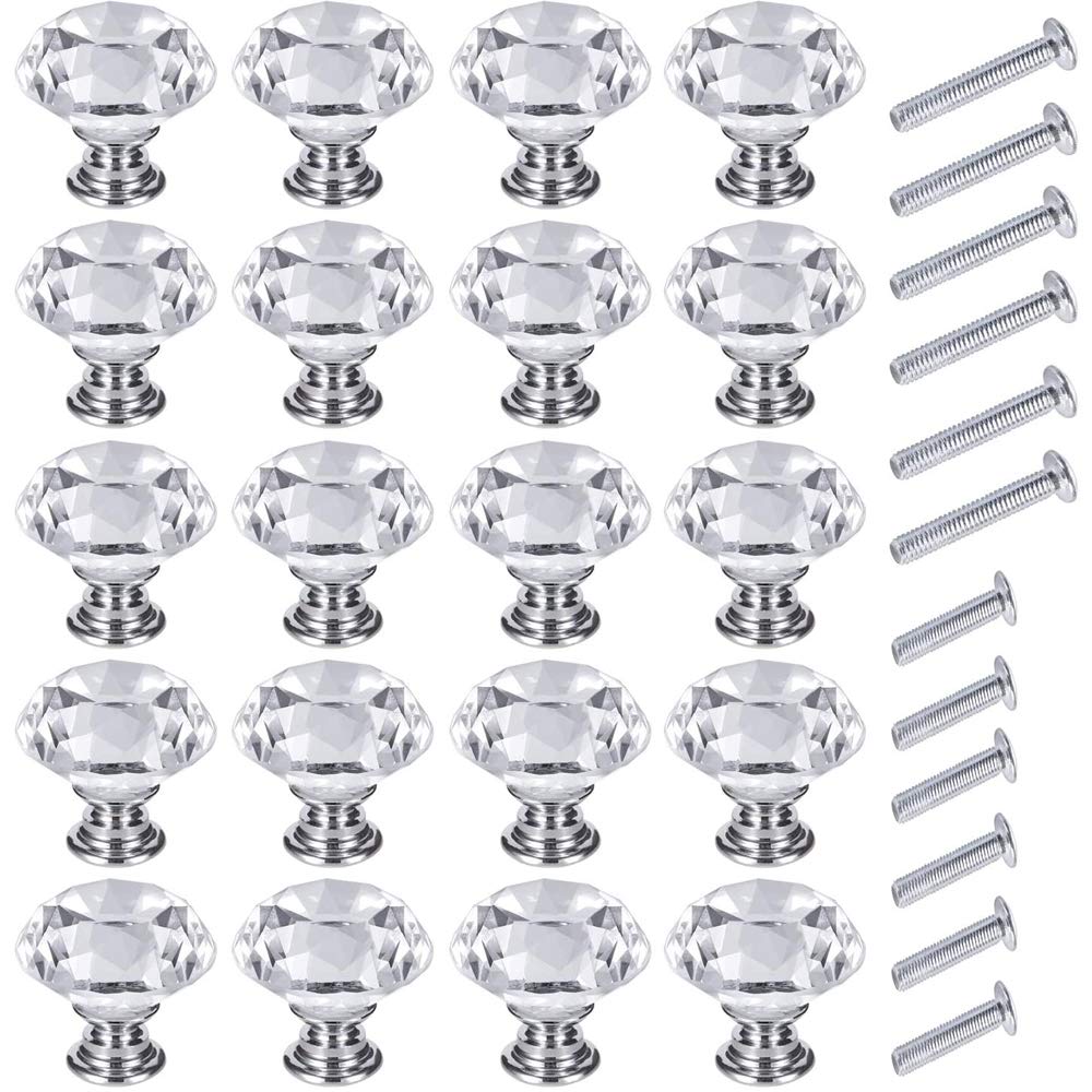 InFreesh 20Pcs Crystal Door Knobs 30mm Clear Glass Drawer Knobs Crystal Cut Door Handles Diamond Pulls Knobs with Screws for Home Kitchen Office Chest Cabinet Drawer Decorating (20 Silver)