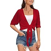 Women Shrug Cardigans Soft Chiffon Summer Tops 3/4 Sleeve Lightweight Cropped Cardigan Tie Front Bolero for Dresses