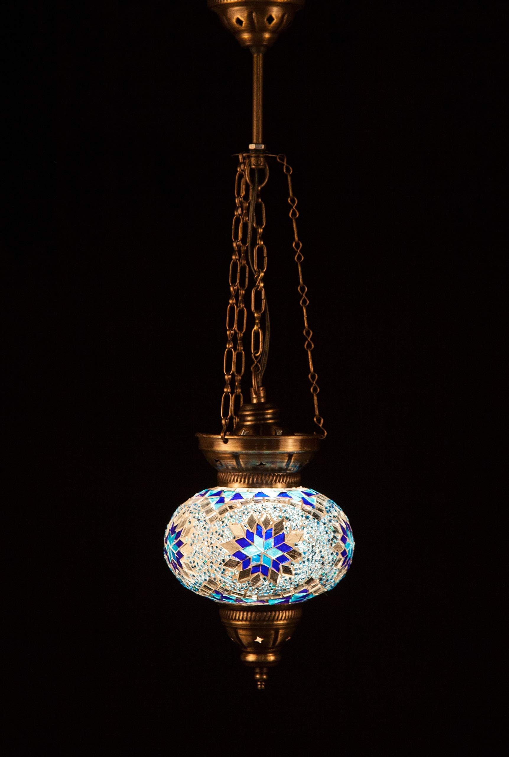 Handmade Turkish Lamp Moroccan Ottoman Style Mosaic Oval Mosaic Hanging Lamp Triple Chain Lights Home Bedroom Restaurant Cafe Decoration Light Size 3 (Blue Line)