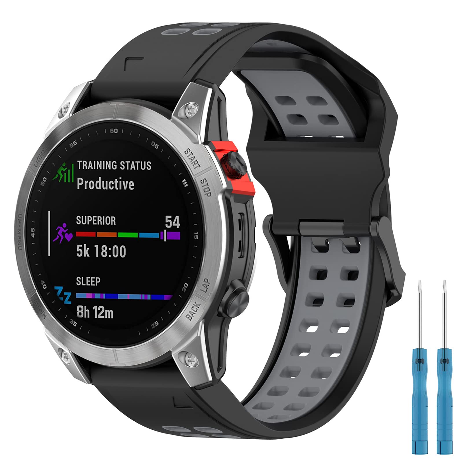 Miimall 26mm Silicone Band for Garmin Fenix 7X/6X/5X, 7X Solar/ 7X Sapphire /6X Pro/6X Sapphire/5X Sapphire/5X Plus/Fenix 3/3 HR, Replacement Sports Strap for Descent MK1/MK2/MK2i -Black+Gray