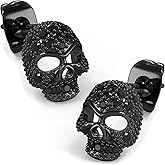 KZZENKI Exquisite Skull Earrings, Sterling Silver Post Cubic Zirconia Stud Earrings for Women men, Hypoallergenic Goth Jewelry, Gold, Black Stones