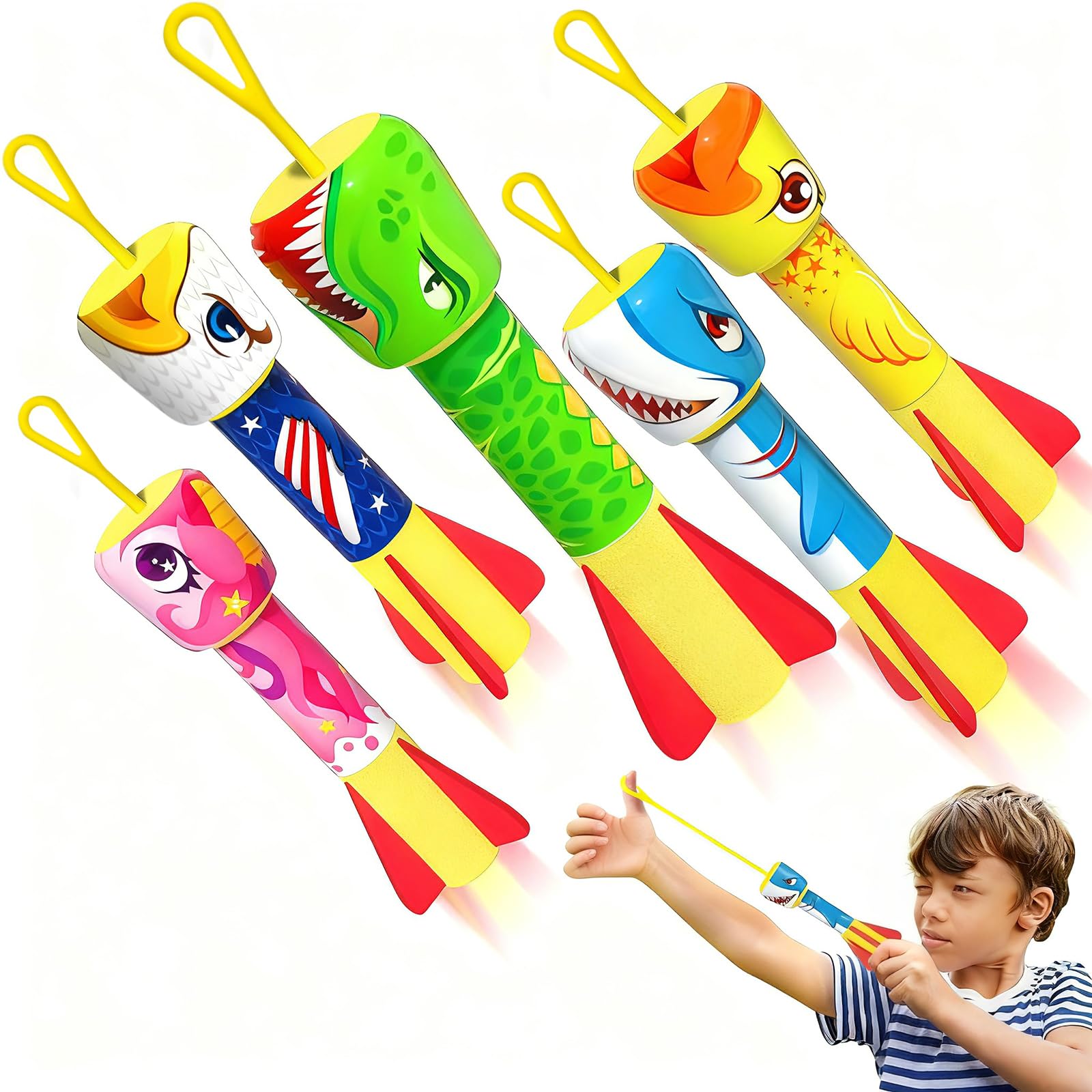 Dinosaur Rocket Launcher Toy for Kids Ages 3+, 5 Soft Foam Rockets (7.9 In), Animal Themed, STEM Learning Toy, Fun Outdoor/Indoor Sports Game, Birthday/Christmas for Boys Girls