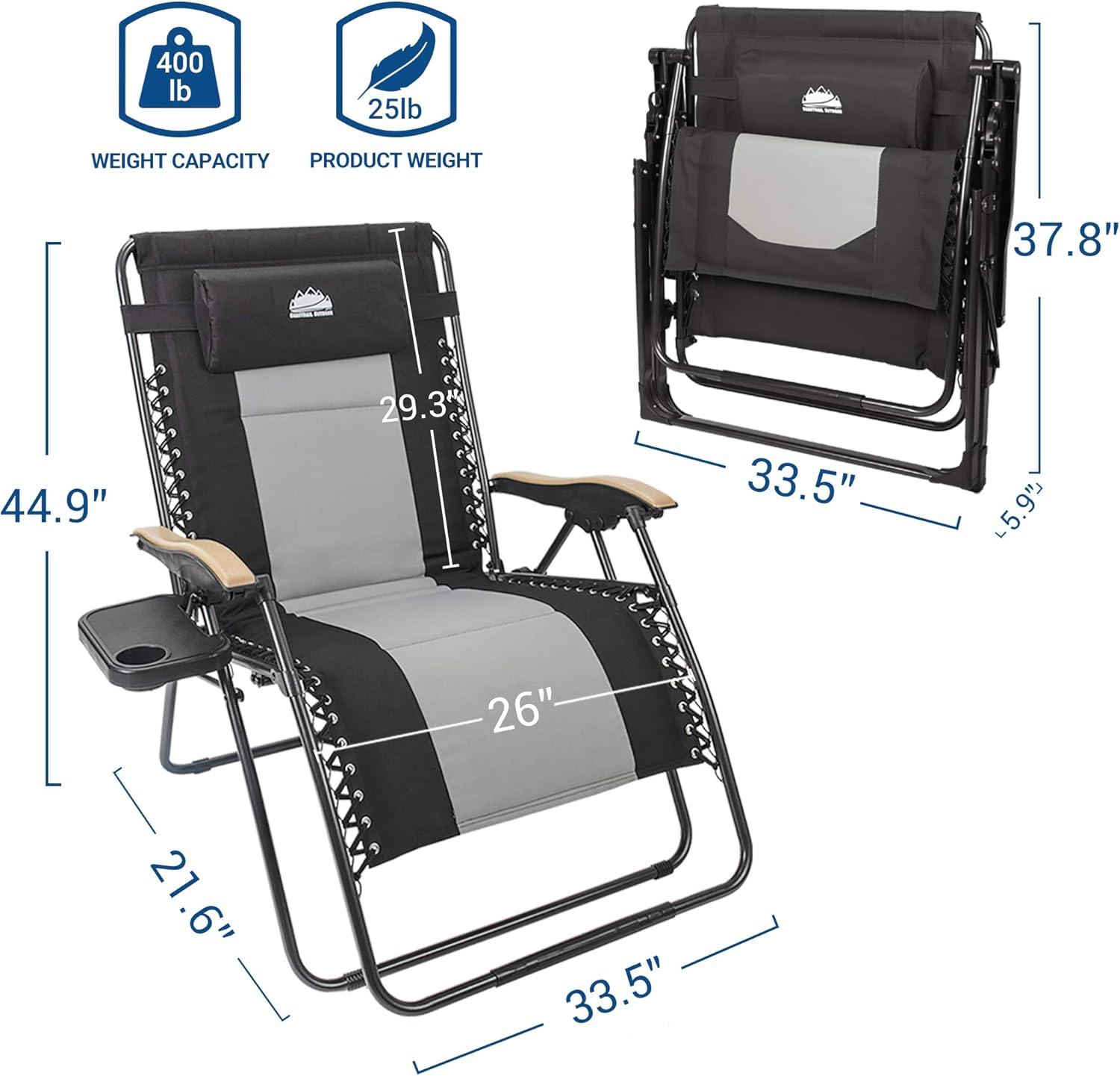 Coastrail Outdoor Zero Gravity Wood Armrest XXL Camping Lounge Patio Support 400lbs Padded Reclining Folding Lawn Chair with Side Table, Black/Gray: Garden & Outdoor