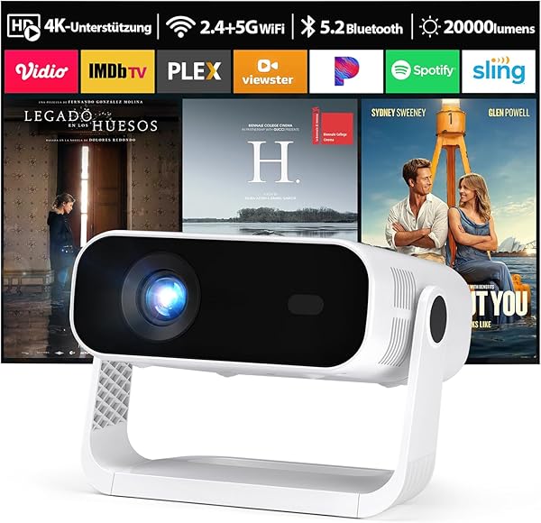 2026 Neuer Smart Mini Beamer Integrierte APP, Android 14, Full HD 1080P, unterstützt 4K-Decodierung, 20000 Lumens, Automatische Trapezkorrektur, WiFi6 & BT5.2 ，Beamer 4K Heimkino für Handy/HDMI/PC