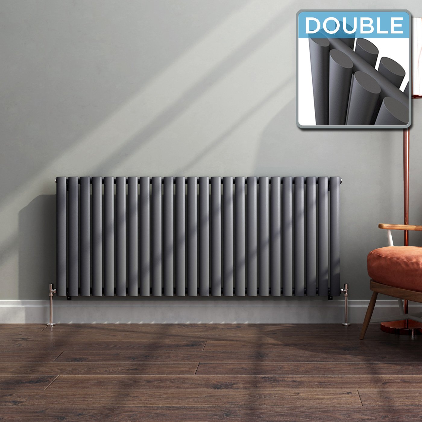 iBathUK 600 x 1440 mm Anthracite Column Designer Radiator Horizontal Double Oval Panel