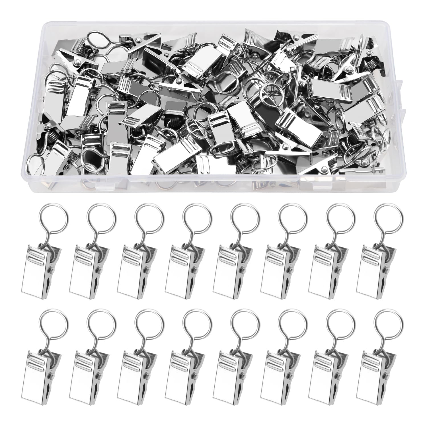 YIXISI 50 PCS Curtain Clips and Hangers, Metal Hooks, Light Hangers, Wire Holders for Bedroom, Bathroom, Home Decoration, Silver