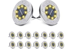 Yooumoga 16 Pack Solar Ground Lights, 8 LED Waterproof In-Ground Lights Solar Garden Disk Lights Solar Outdoor Landscape Lighting for Lawn, Patio, Pathway, Yard, Deck, Driveway, Walkway (Warm White)