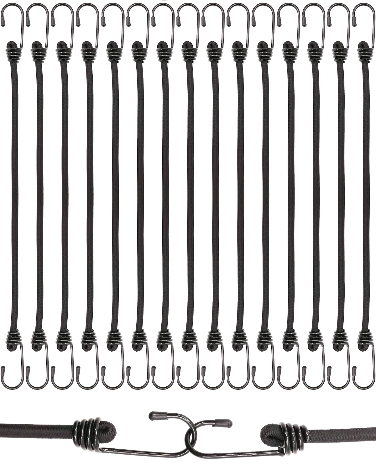 BINCKIN Black Bungee Cords with Hooks 40cm, 15 Pcs Heavy Duty Bungees with Hooks, Bungee Straps with Hooks for Camping Tarp, Tents, Canopy and Fixings (Black)