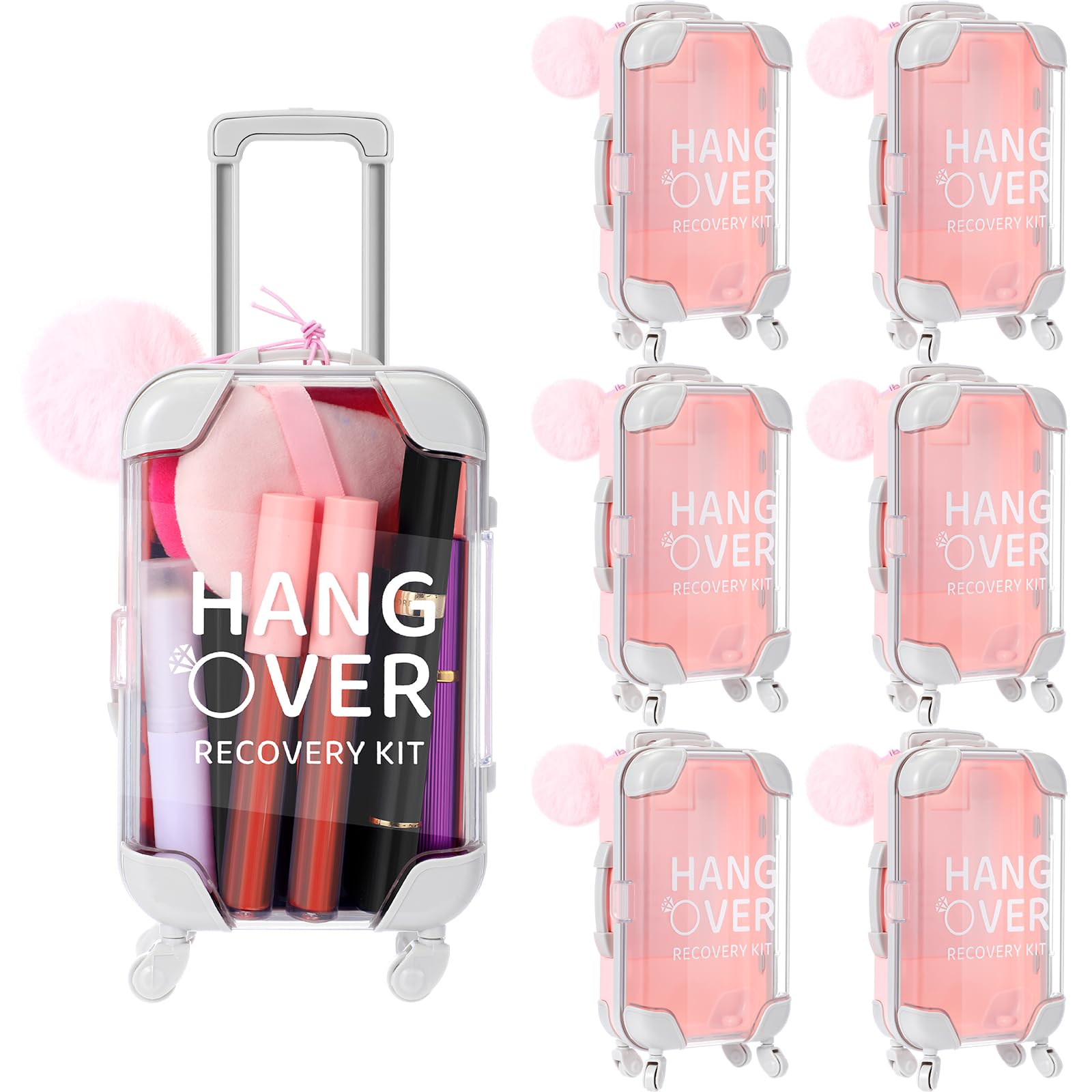 Photo 1 of Sweetude 6 Set Hangover Recovery Kit Suitcase Mini Luggage Girls Trips Bachelor Party Favors Bridal Shower Bridesmaid Emergency Kit Pink Fluffy Ball Wedding Favors for Bachelorette Party