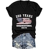 Semisun 250th Anniversary USA Shirt Womens 250 Years Semiquincentennial V Neck T-Shirt American Flag Graphic Tee Casual Top