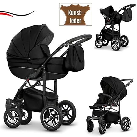 16 teiliges Qualitäts-Reisesystem 3 in 1'COSMO-ECO' - KUNSTLEDER: Kinderwagen + Buggy + Autokindersitz + Schwenkräder - Mega-