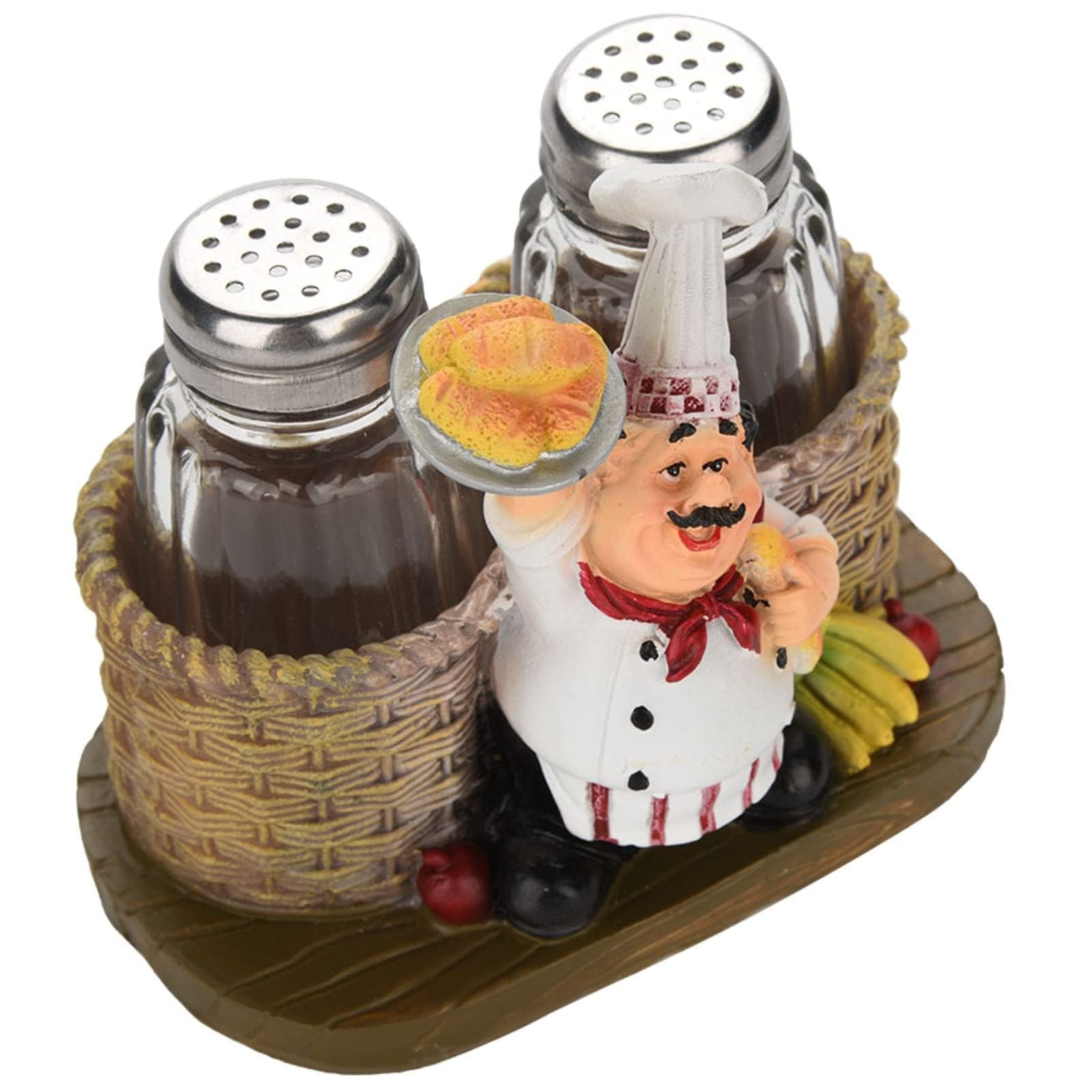 Salt and Pepper Shaker Set, Chef Figurine Salt Shaker Refillable Salt and Pepper Pots with Spice Holder - Chef Holding Bread