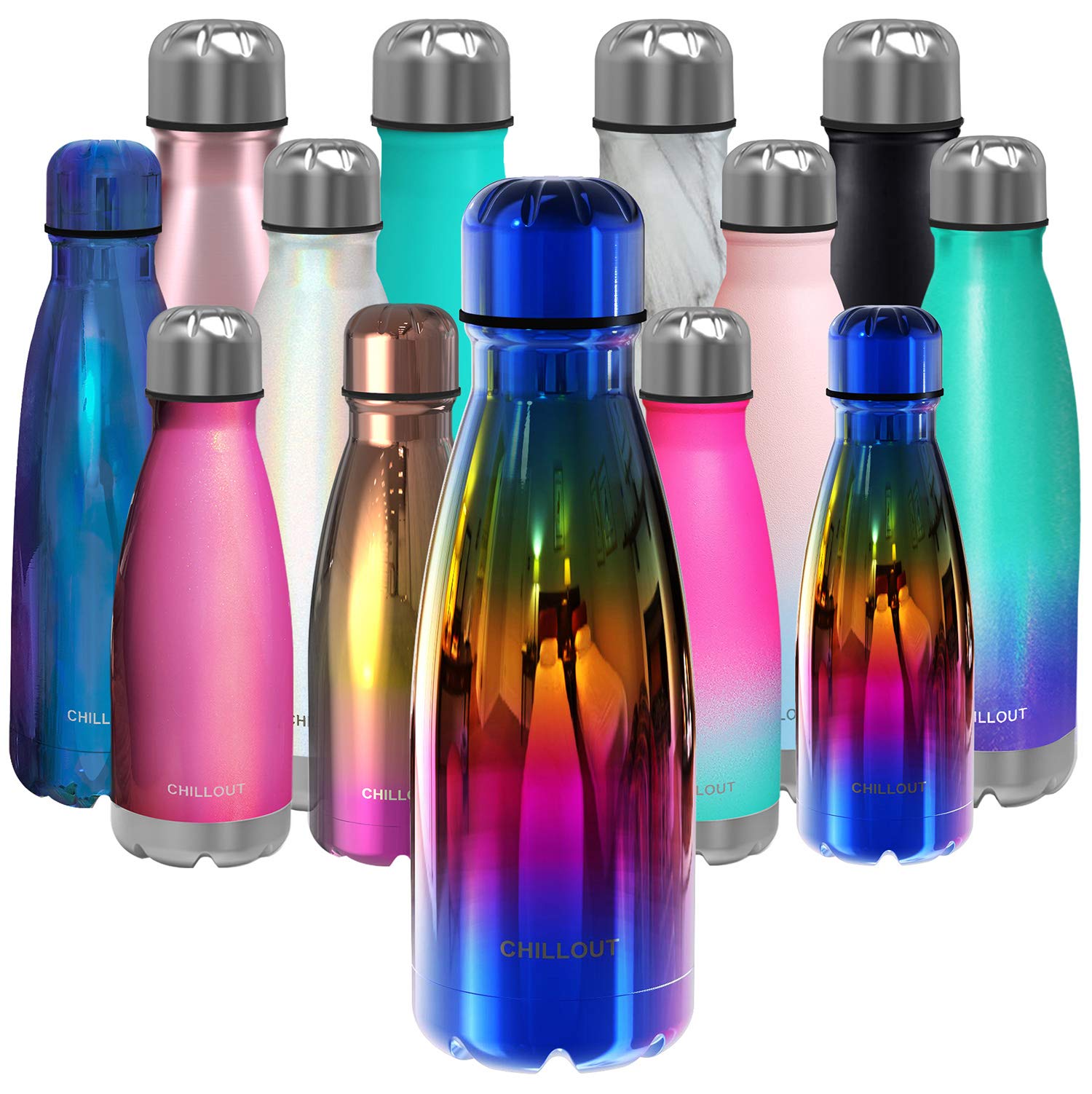 CHILLOUT LIFE Stainless Steel Water Bottle for Kids School: 12 oz Double Wall Insulated Cola Shape for Cold and Warm Drinks, BPA Free Metal Sports for Boys, Girls & Women (UV Rainbow)