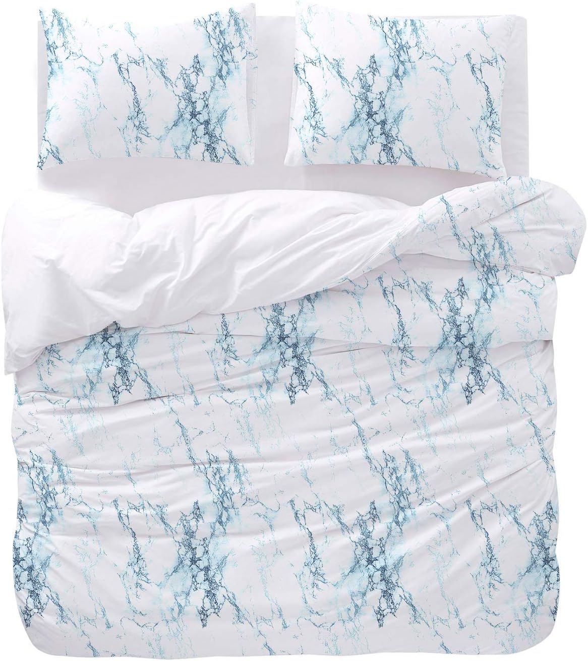 Wake In Cloud - Blue Marble Comforter Set, White with Blue Streaks Modern Pattern Printed, Soft Microfiber Bedding (3pcs, Queen Size)