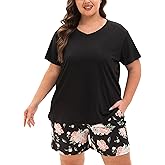 MUKVIK Plus Size Pajamas for Women Set, 2 Piece Womens Plus Size Short Sleeve V Neck Top and Shorts Pajama Sets with Pockets