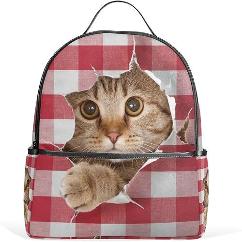 Amazon Co Jp Vawa リュックサック 大容量 おしゃれ かわいい 猫柄 チェック柄 格子柄 赤 面白い リュック レディース 軽量 デイパック アウトドア 通勤 通学 登山 旅行 シューズ バッグ