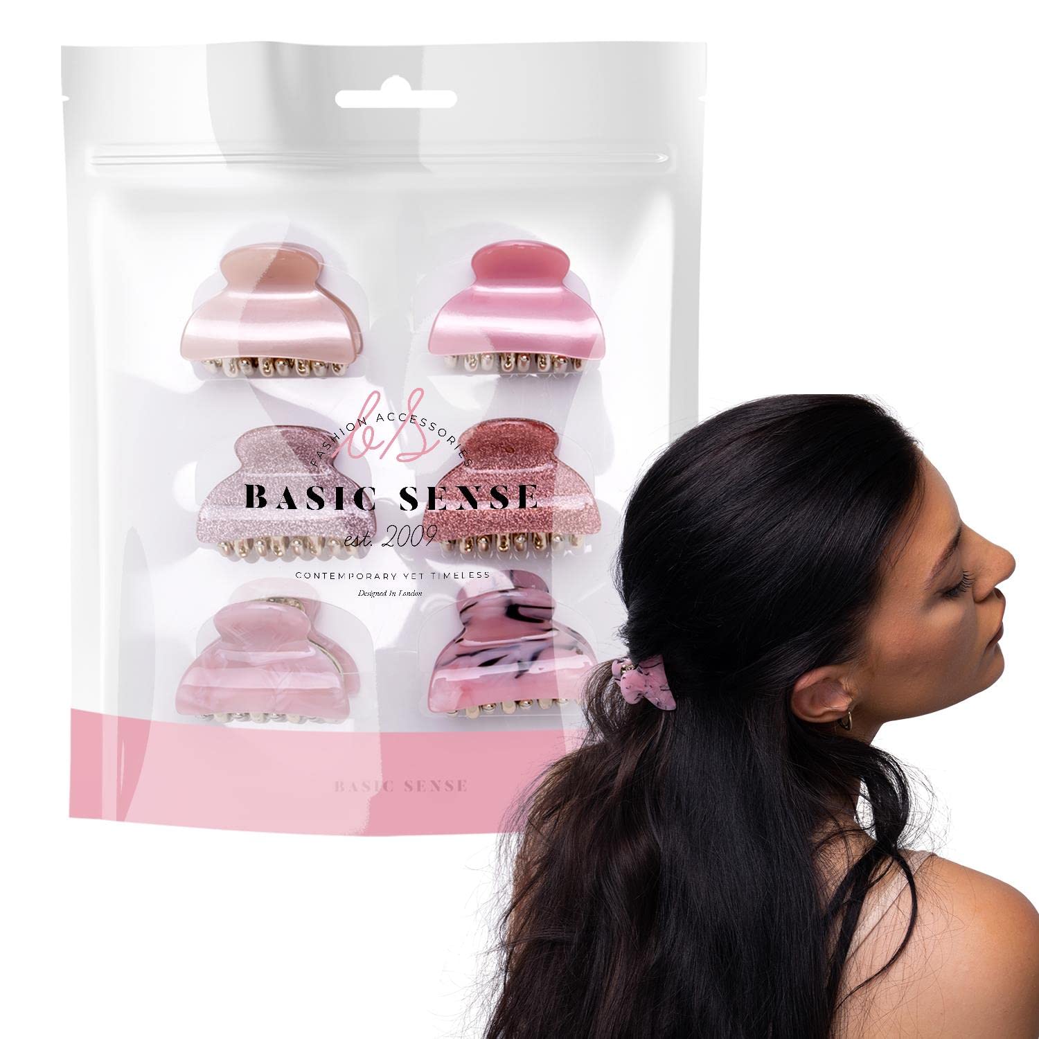BasicSense 6PCS Hair Claw Set Sturdy Glitter Marble Clamp Clips Set for Women Girls Small hair grips, Pink Assortment