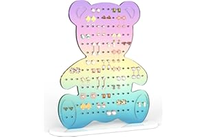 NiHome Rainbow Gradient Bear Earring Holder – 140 Holes Acrylic Jewelry Organizer for 50–70 Pairs Studs & Hooks, Cute Teddy B