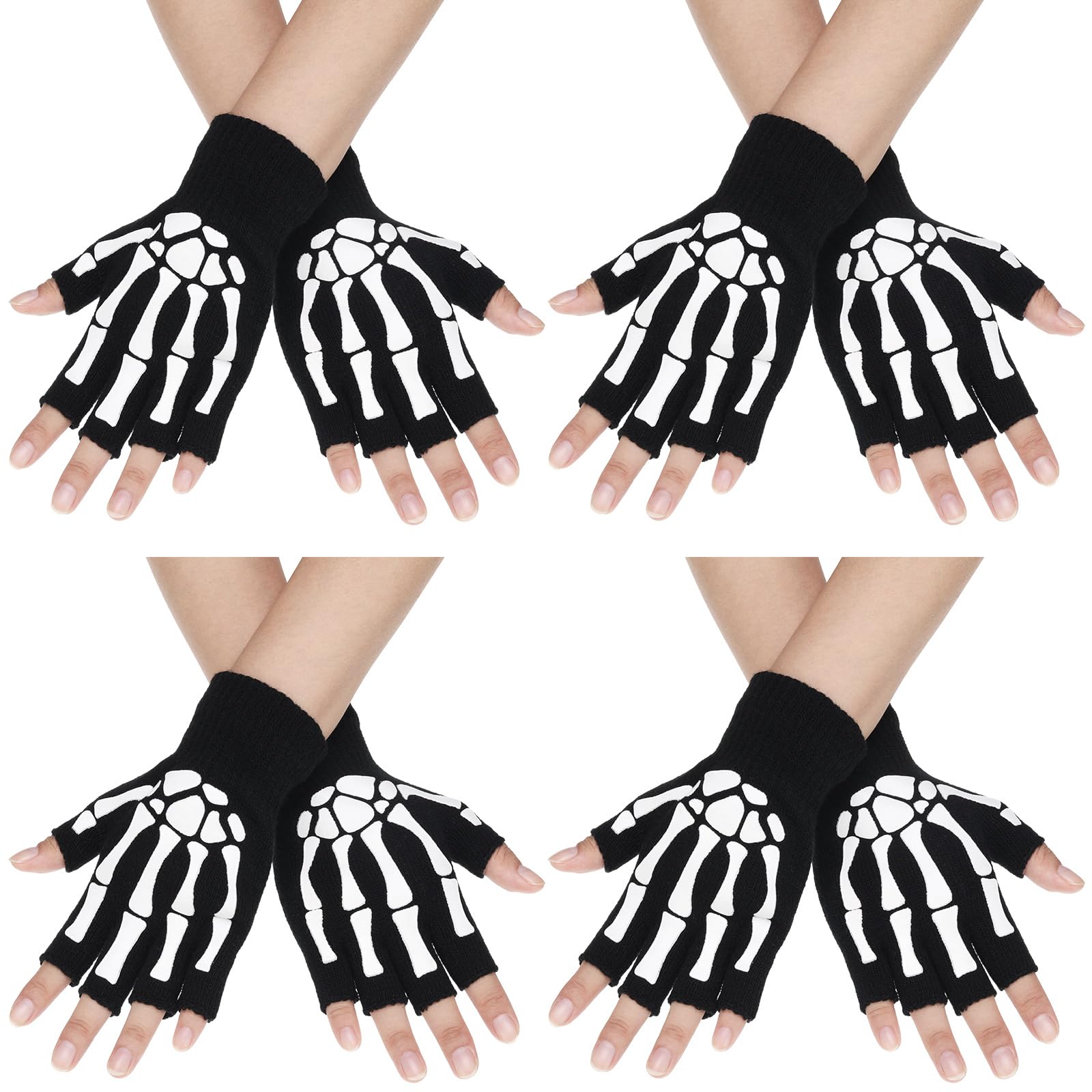 4 Pairs Halloween Skeleton Half Finger Gloves Unisex Skull Fingerless Stretch Knitted Gloves Winter Hand Warm Gloves (Style 1)