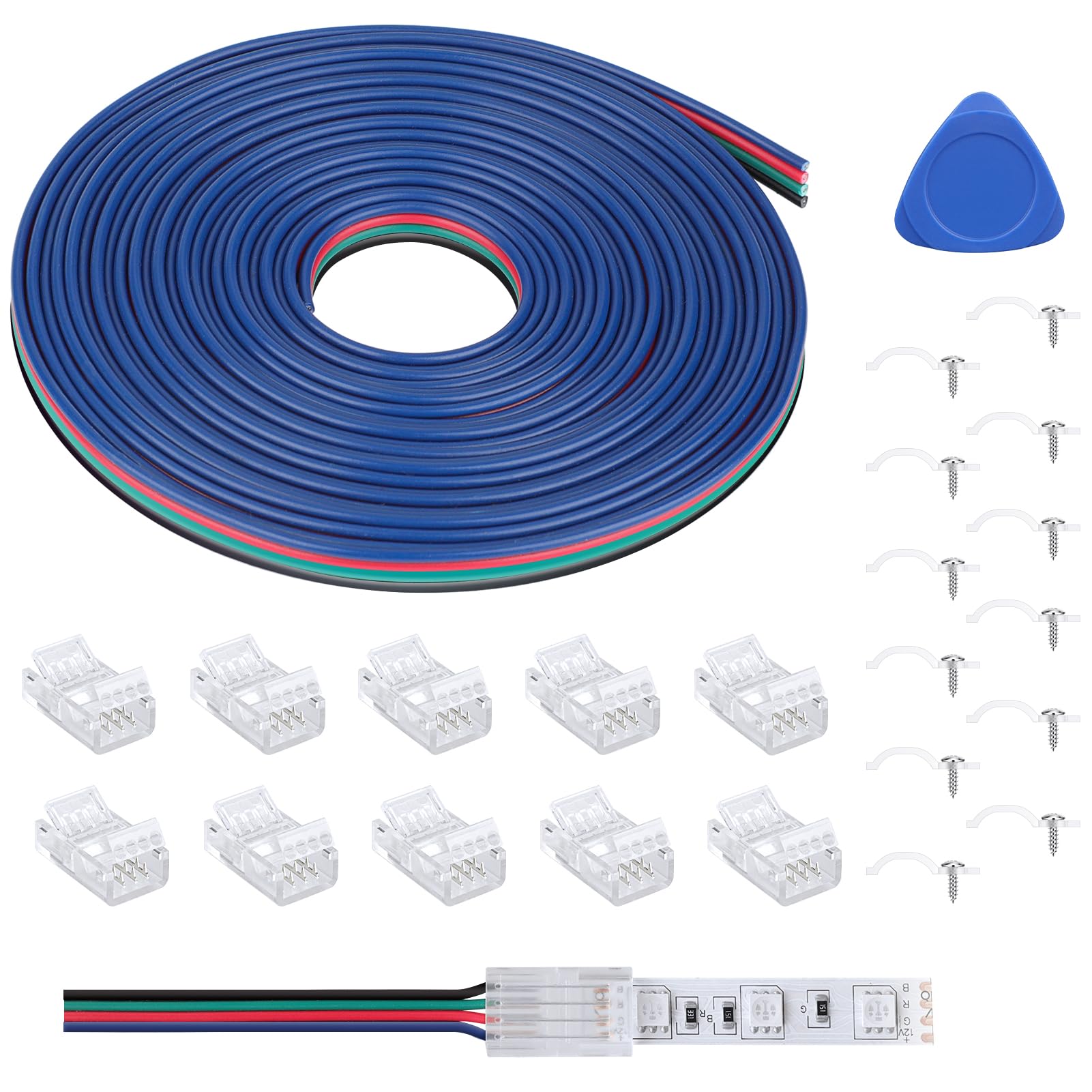 REDTRON 4PIN LED Light Strip Extension Cable, Solderless LED Strip Connector Kit with 5M Extension Cable & 10Pcs Connectors for 10mm 5050 RGB LED Strip Lights — image 1
