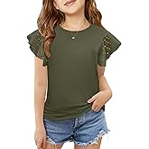 ZDC Girls Ruffle Sleeve T Shirts Summer Crewneck Eyelet Tee Short Sleeve Tops Casual Cute Blouse 5-14 Years