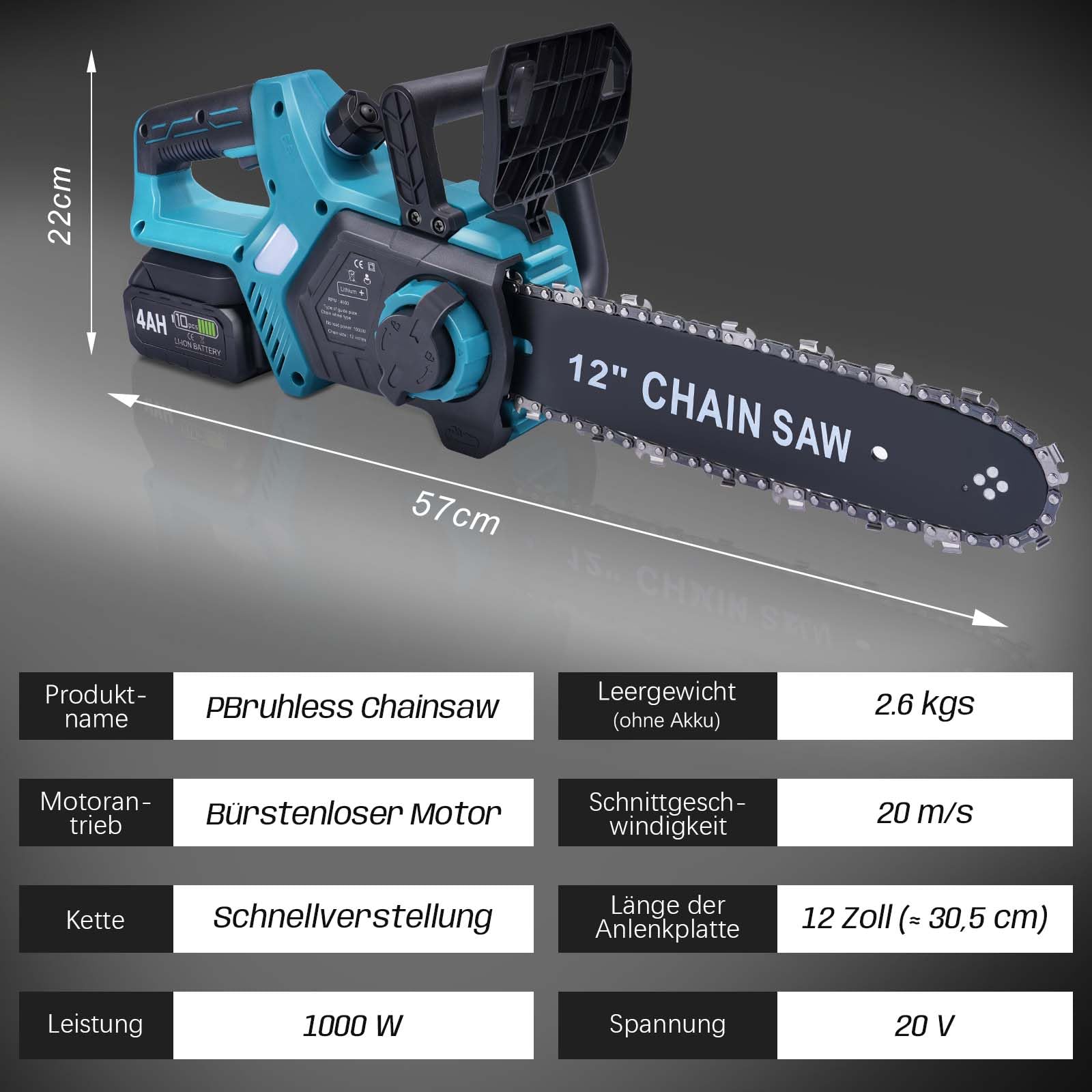Akku Kettensäge 12 Zoll, Elektro Kettensäge kompatibel mit Makita 18V Akku | 1000W Bürstenloser Motor | Automatische Kettenschmierung | Werkzeuglose Kettenspannung | 30cm Schwertlänge (ohne Akku) 8