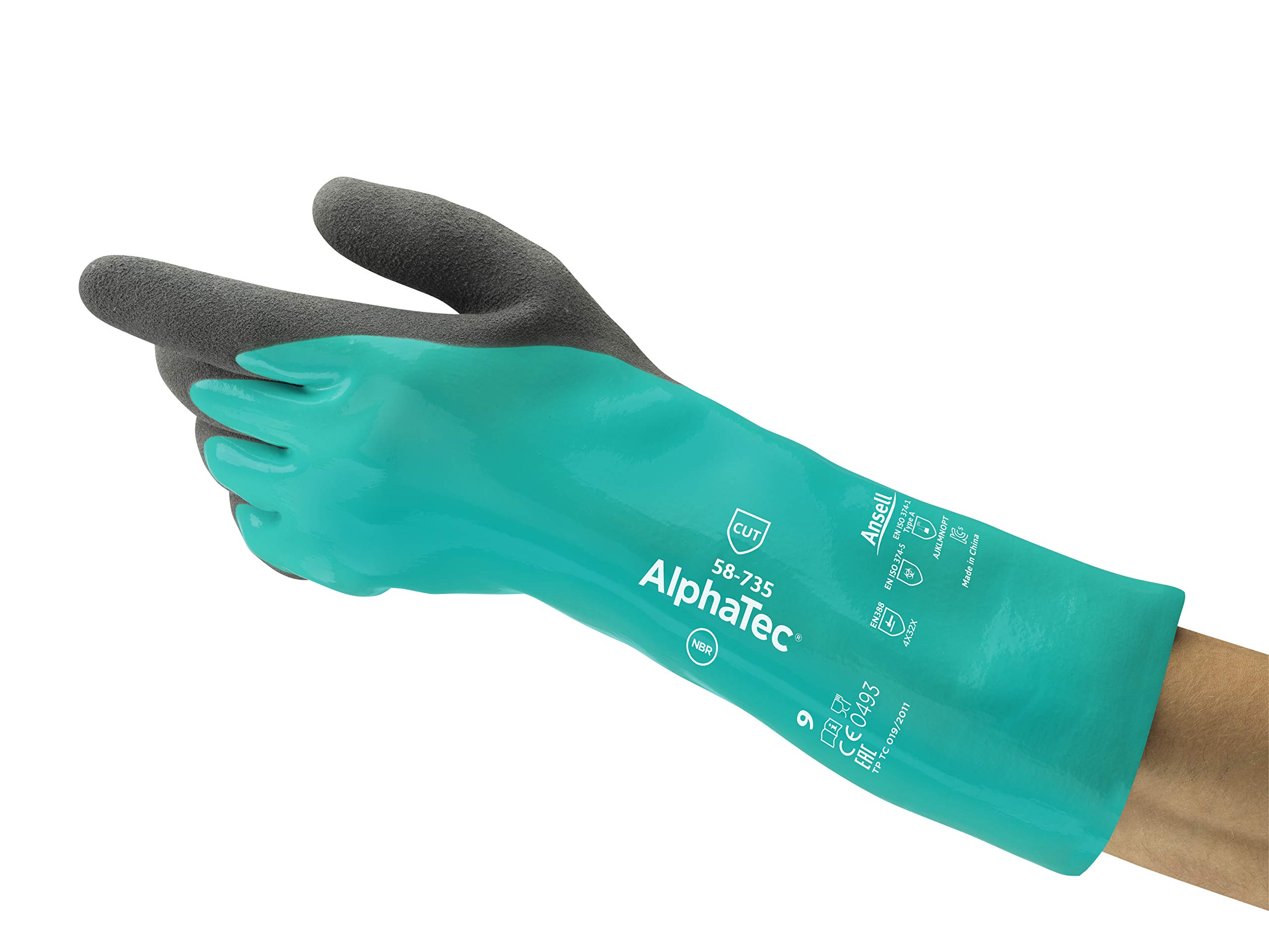 Ansell AlphaTec 58-735 Work Gloves Nitrile, Chemical and Cut Protection, Heavy Duty Safety Glove, Industrial PPE Workwear, Chemical and Mechanical Resistant, Green, Size 2XL (6 Pairs)