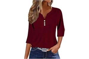 TXXEOSS Womens 3/4 Sleeve Tops V Neck Tee Casual Eyelet Hollow Shirts Button V Neck Dressy Casual Shirts Elegant Blouse