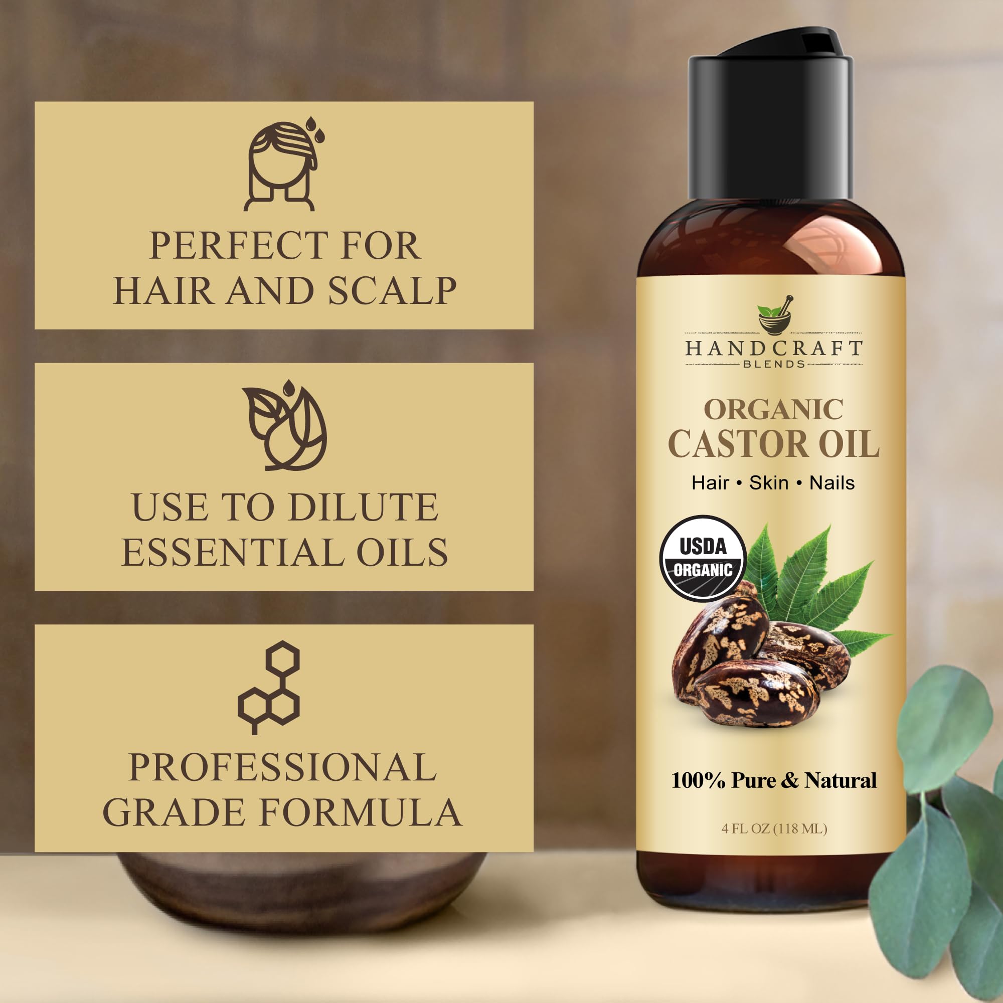 Handcraft Blends Organic Castor Oil 4 Fl Oz | 100% Pure and Natural | Premium Grade Carrier Oil | Hair, Eyelashes and Eyebrows | Hair and Body | Expeller-Pressed | Hexane-Free