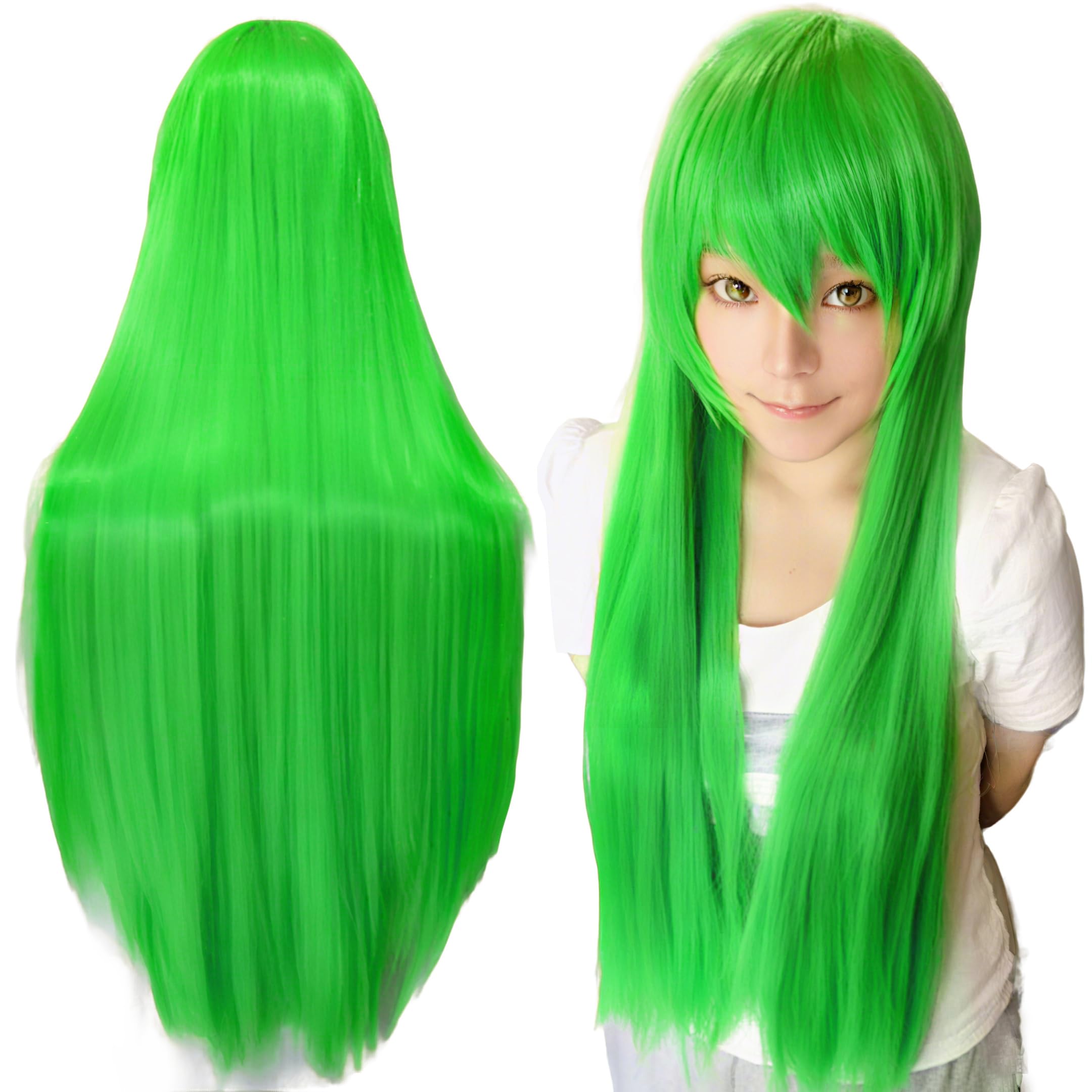 IMISSU 80cm Long Straight Natural Hair Cosplay Wigs with Bangs Colorful Halloween Costume Party Wig for Girl (Apple Green)