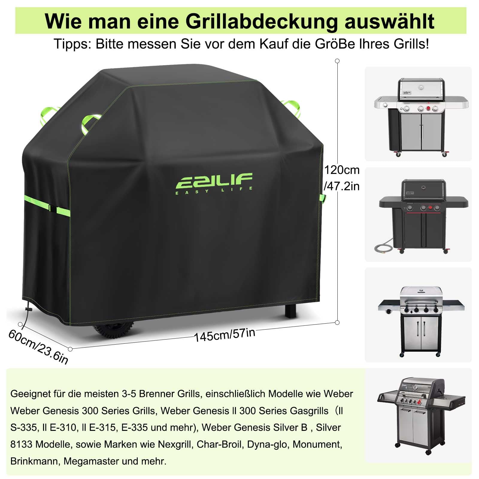 Ezilif Grillabdeckung Wetterfest 145x60x120cm Grill Abdeckung 420D Oxford-Gewebe Wasserdicht Reißfest, Schutz Grill vor Rost und Schimmel, Grill Abdeckhaube für Weber/Enders/Char Broil/Napoleon/Rösle 2
