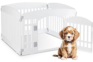 HealSmart 4 Panel Dog Playpen, 24” Exercise Puppy Playpen with Door, Safe, Secure, Folding & Portable Pet Playpen for Indoor & Outdoor Use, Suitable for Puppies and Small, White
