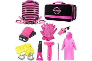 BHLUUIYER Car Emergency Kit, Pink Roadside Emergency Car Kit with Jumper Cables, Tow Rope, Safety Hammer, Pink Car Accessories for Women