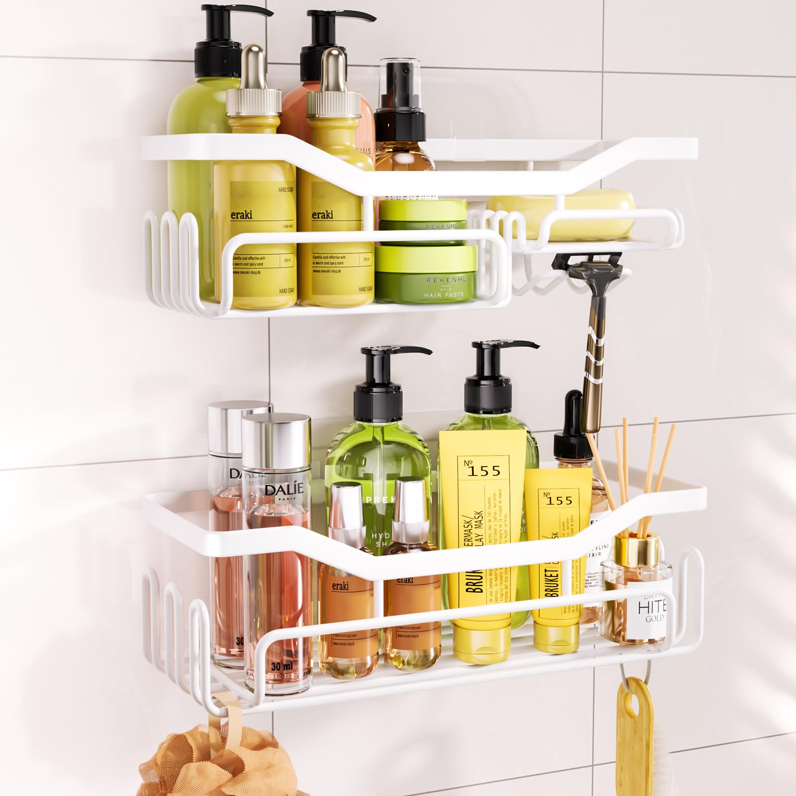 HapiRm Shower Caddy Bathroom Shelf with Soap Dish Holder, Shower Shelf No Drilling with 11 Hooks for Hanging Razor, Shower Ball, Towel, Rust Proof Bathroom Caddy for Kitchen, Bathroom, White…