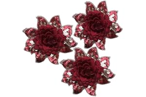 FEEPOP Applique Patch 3D Flower Gold Sequin Embroidered Lace Fabric Sew On Wedding Dress Cloth Accessory (Wine red)