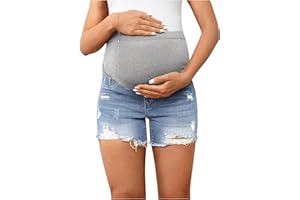 BEAUDRM Women's Maternity Ripped Raw Hem Skinny Shorts Elastic Waist Jeans Pregnant Denim Shorts