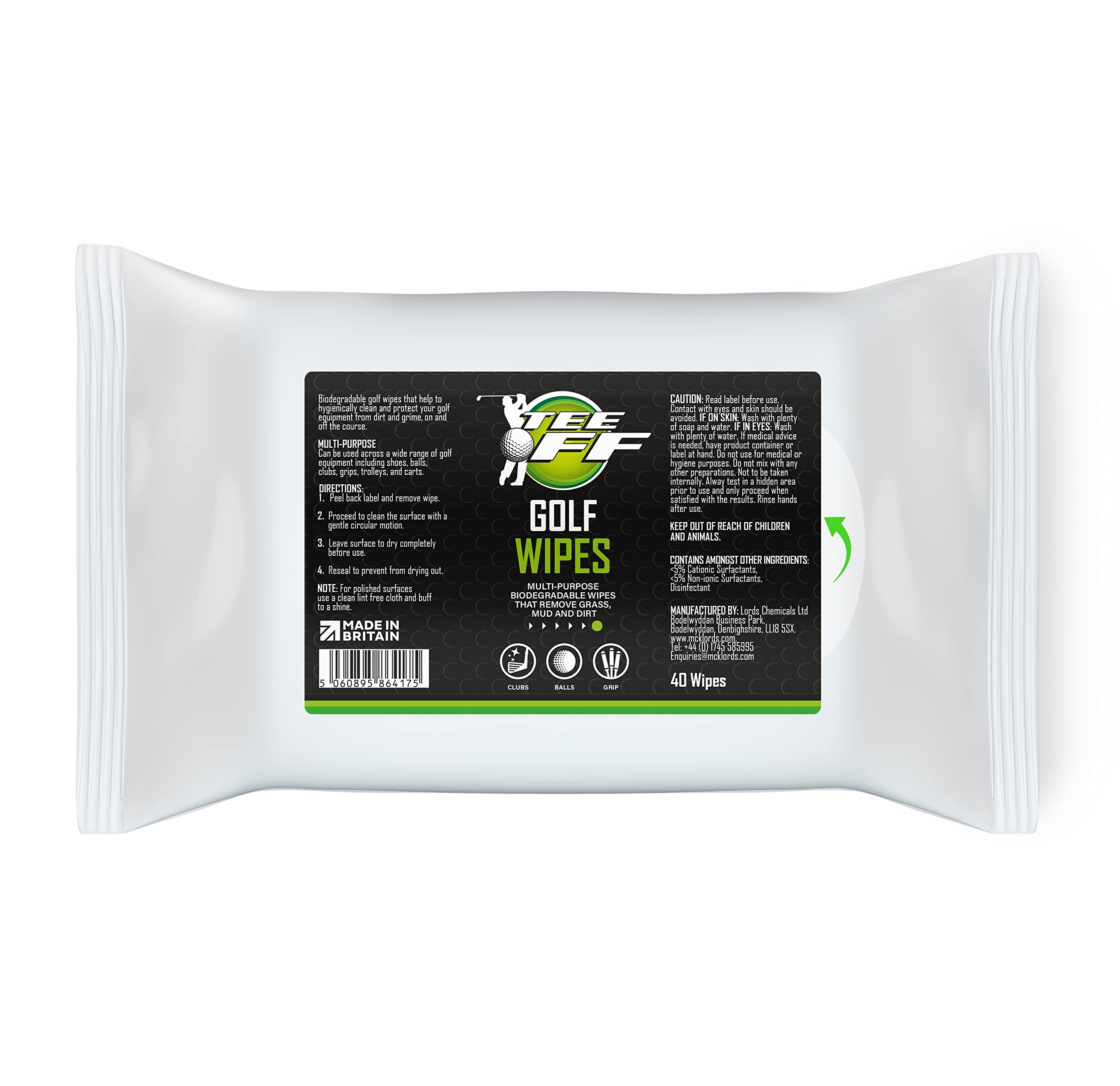 Tee Off - Golf Wipes | Perfect for Cleaning Clubs, Grips, Shafts, Shoes, Balls, Trolleys and Bags | 40 Pack, White