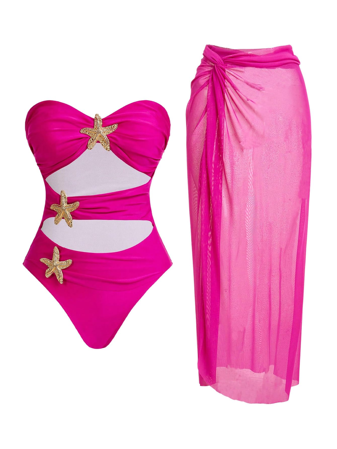 Photo 1 of ** 1 PIECE ** WDIRARA Women's Metallic Starfish Cut Out Strapless Bandeau Swimsuit with Cover Up Skirt 2 Piece Bathing Suit Hot Pink Large