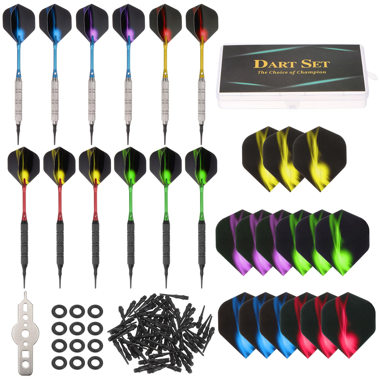 PATIKIL Darts Plastic Tip Soft Tip Darts Set - 12 Pcs 18 Gram with Tip Darts 100 Extra Dart Tips 15 Dart Flights Plastic O-Rings & Wrench with Dart Case for Electronic Dartboard