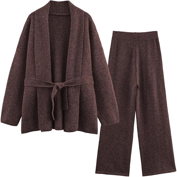 HGps8w Women's 2 Piece Outfits Belted Sweater Sets Open Front Long